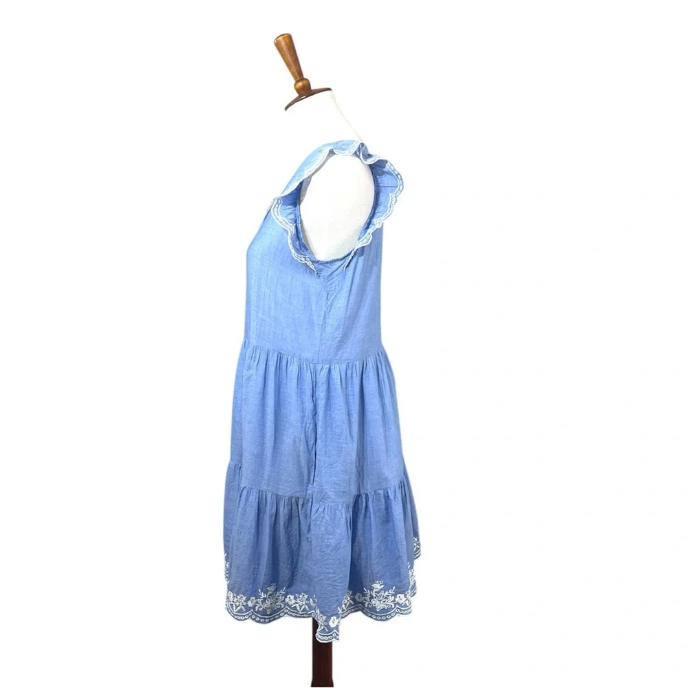 LOFT Ann Taylor Blue Flutter Sleeve Dress XS Eyelet Hem Tiered Mini Boho Summer